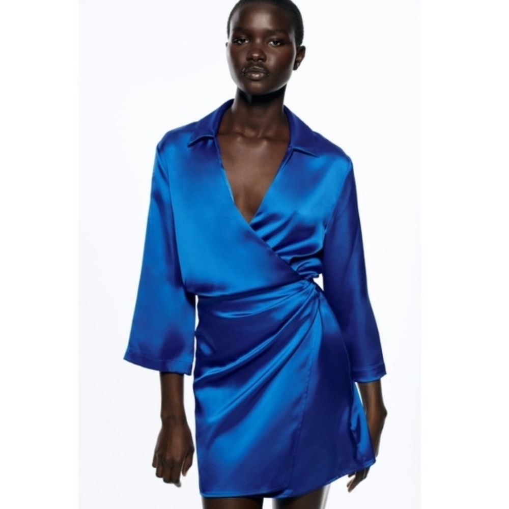 Zara Wrap Front Satin Effect Blue Dress NWT